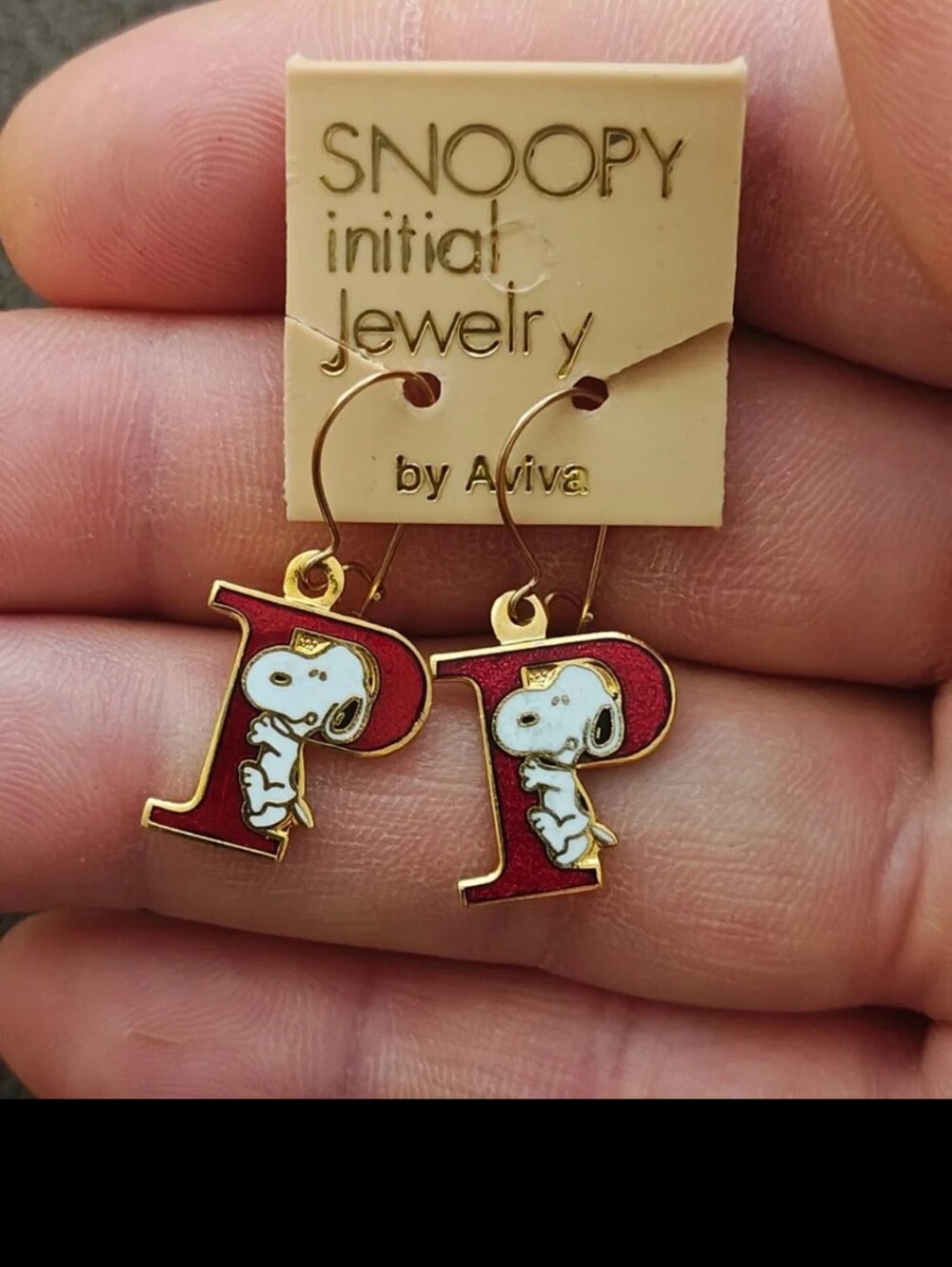 1970s Peanuts Snoopy Initial "P" Gold Tone Cloisonné Enamel Dangle Earri